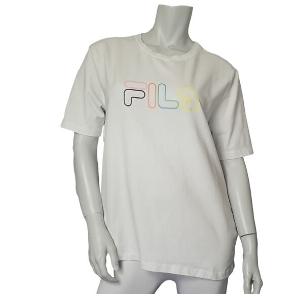 Fila Tops - Fila Womens SZ XL Tee T Shirt White Outline Spellout TINY FLAW Stretch Boxy Fit